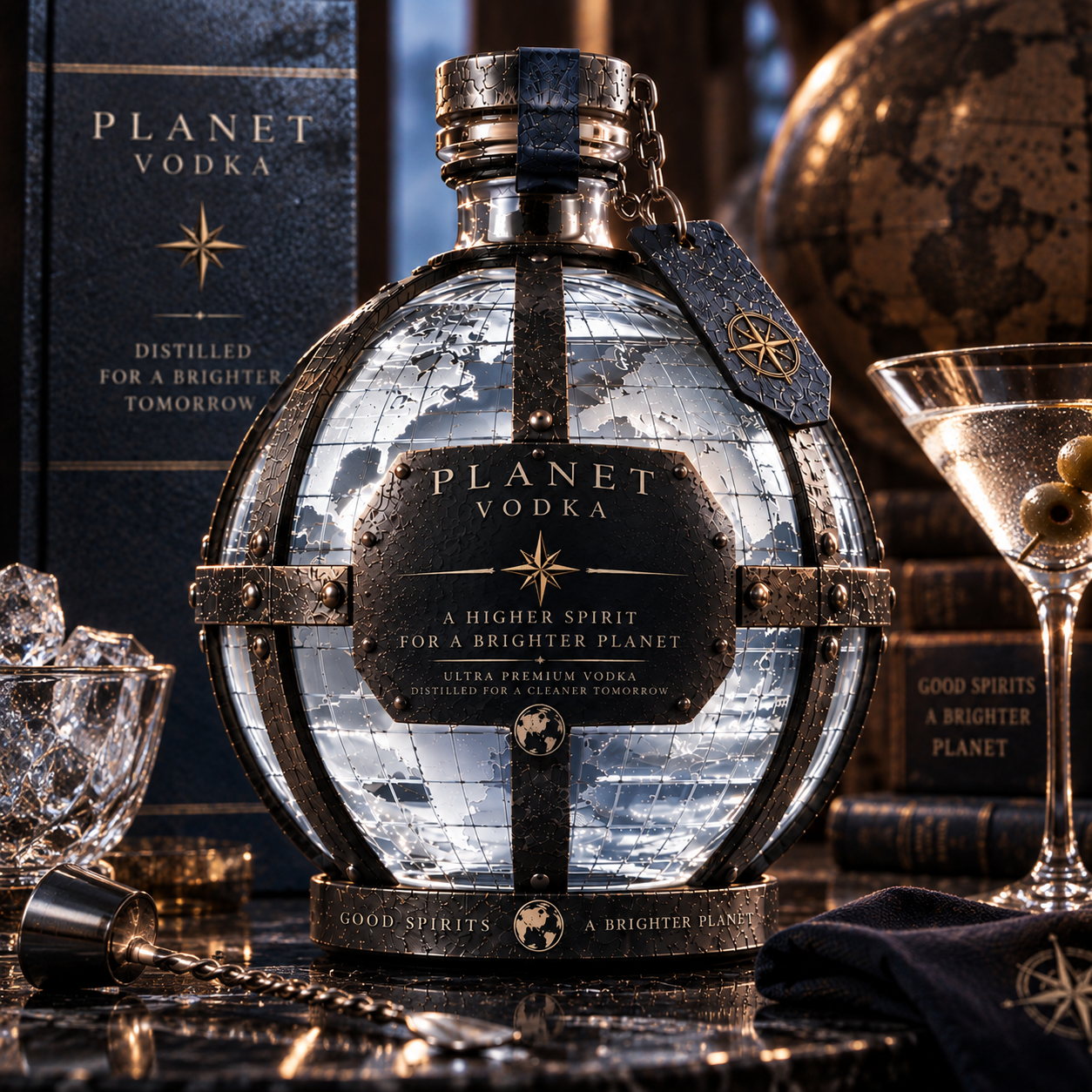 Planet Vodka chrome globe bottle beside a martini glass