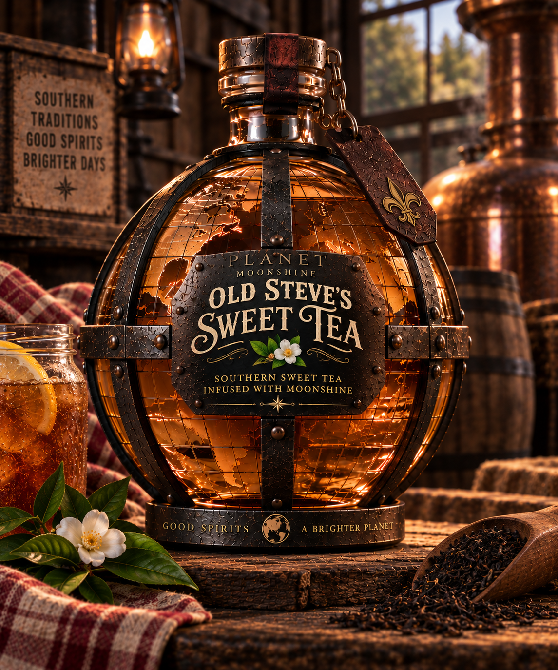 Old Steve's Sweet Tea moonshine globe bottle with lemons and sweet tea