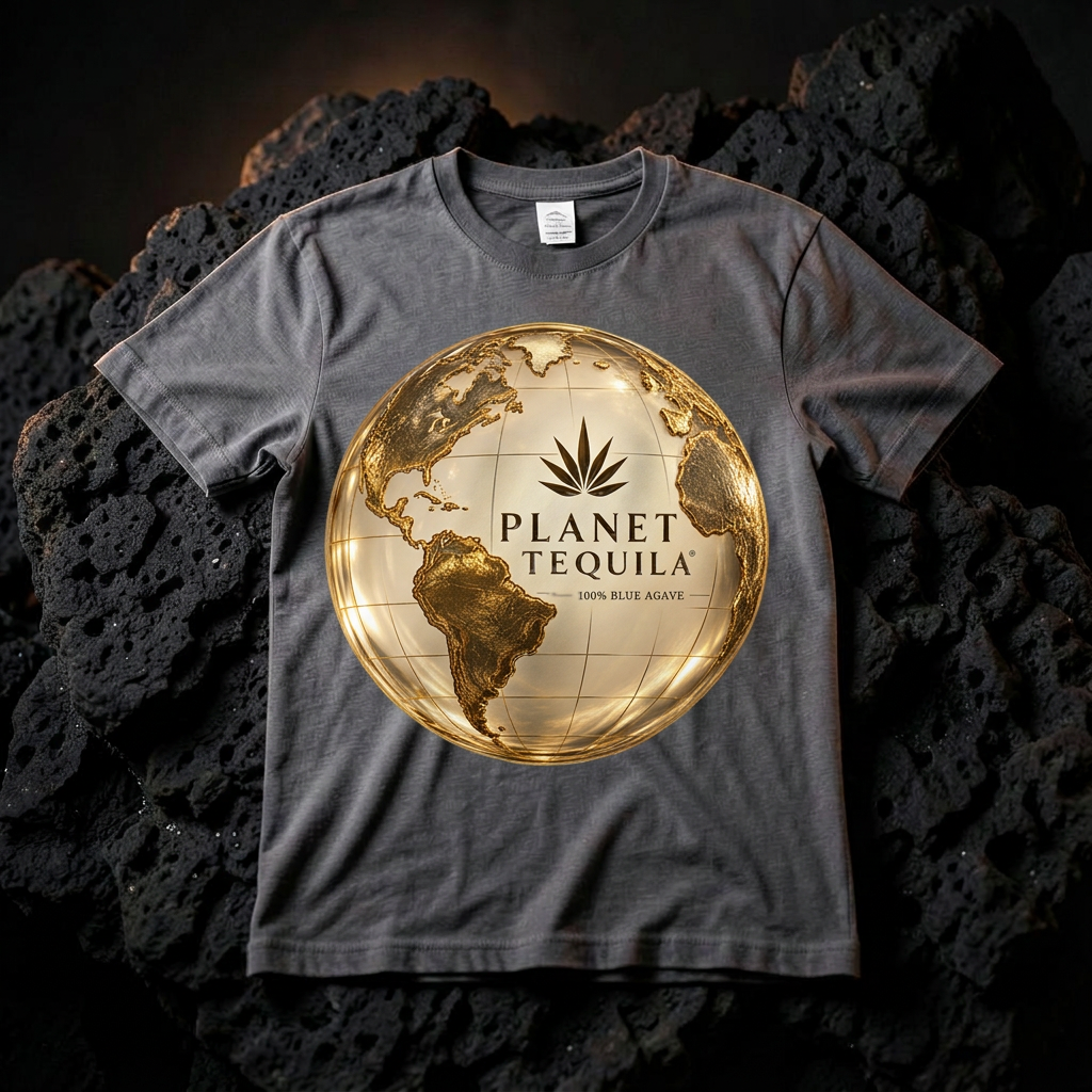 Charcoal Planet Tequila globe logo t-shirt on dark volcanic rock