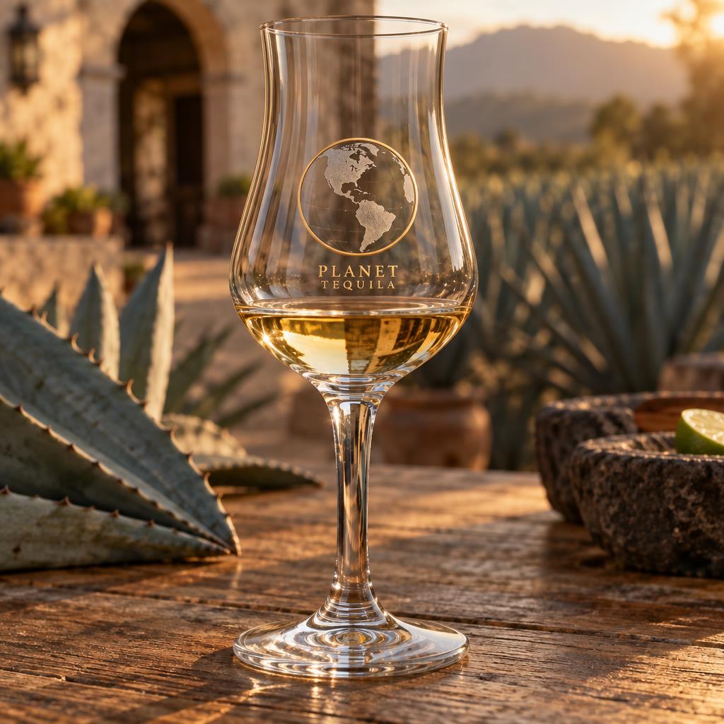 Planet Tequila crystal tasting copita on a hacienda table