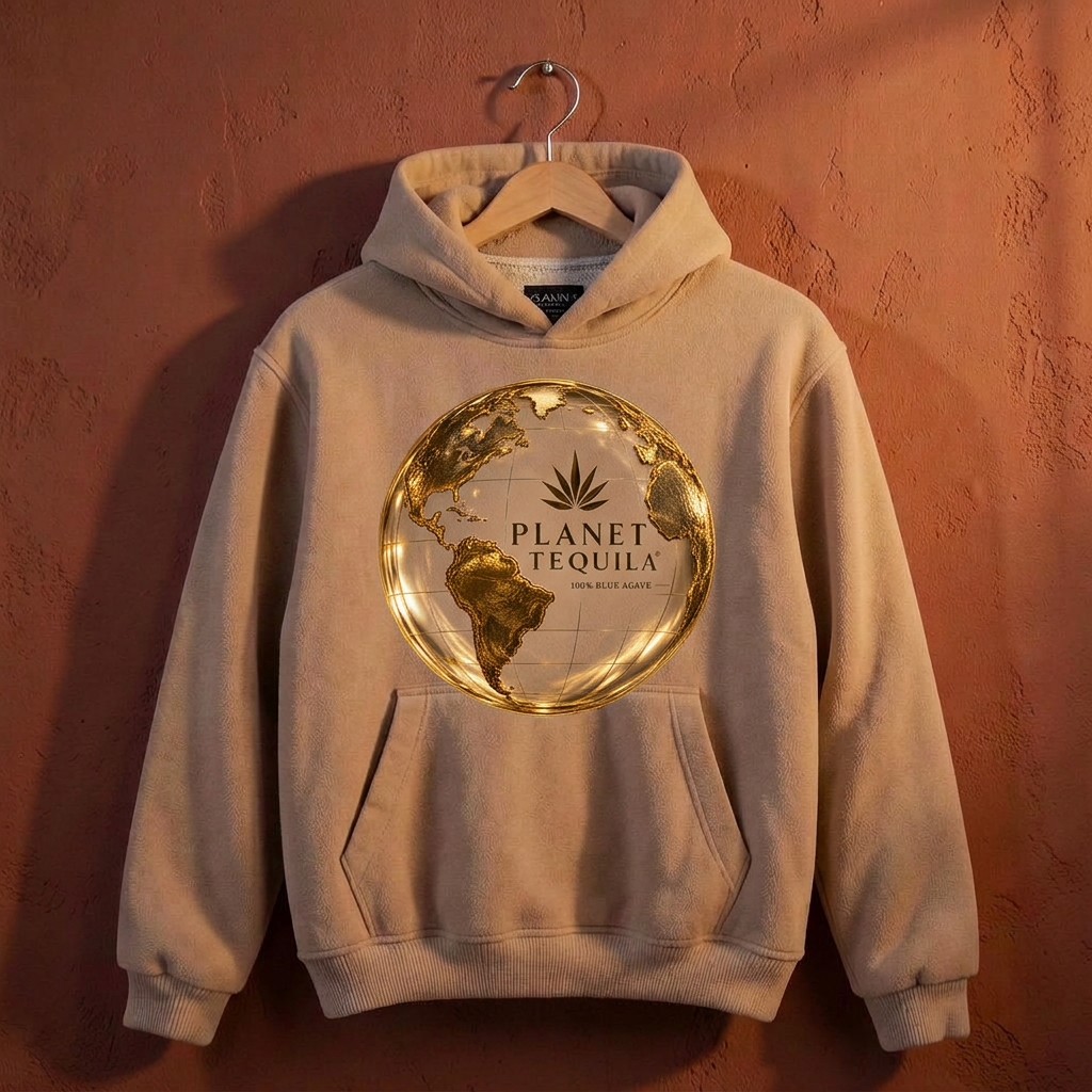 Sand-coloured Planet Tequila hoodie against a terracotta wall