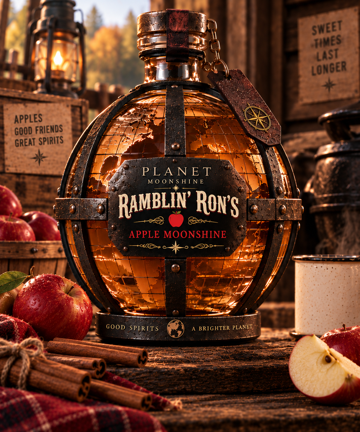 Ramblin' Ron's Apple Moonshine globe bottle with apples and cinnamon