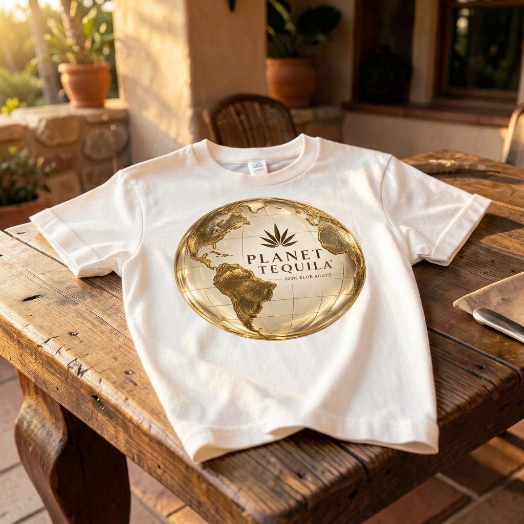 Cream Planet Tequila globe logo t-shirt on a hacienda table