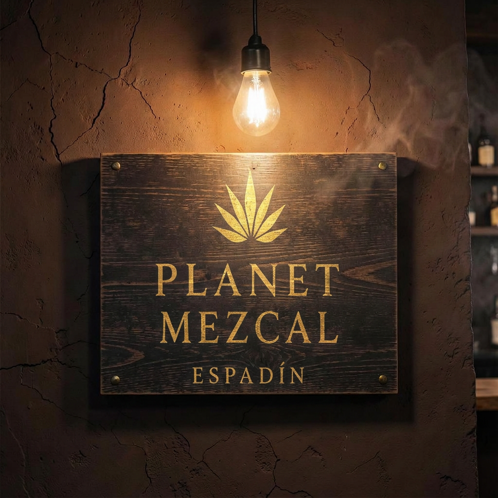 Planet Mezcal aged oak wall sign under a bare bulb on an adobe wall