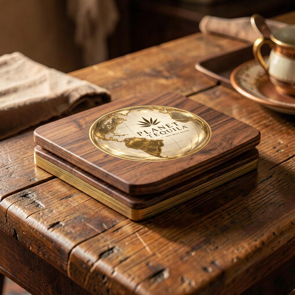 Set of Planet Tequila walnut and brass coasters
