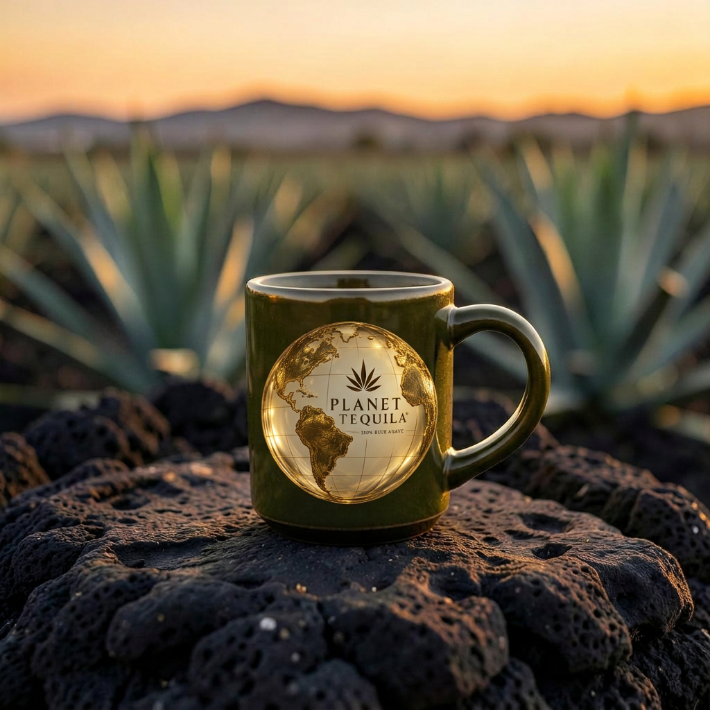 Olive green Planet Tequila stoneware mug on volcanic stone at dusk