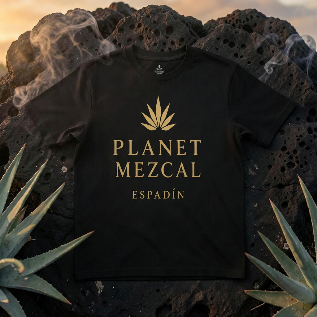 Black Planet Mezcal Espadín t-shirt on volcanic stone with smoke