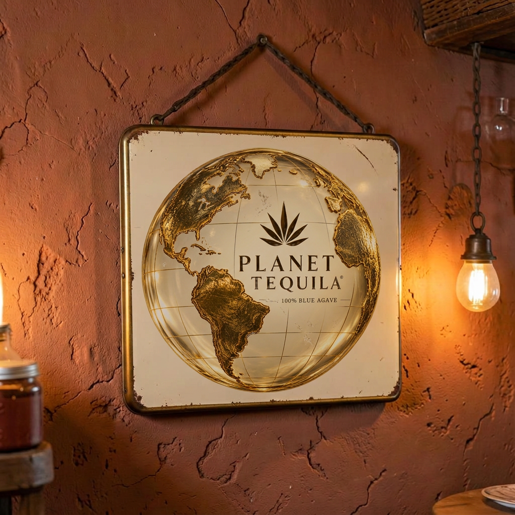 Vintage Planet Tequila tin bar sign hanging on an adobe wall