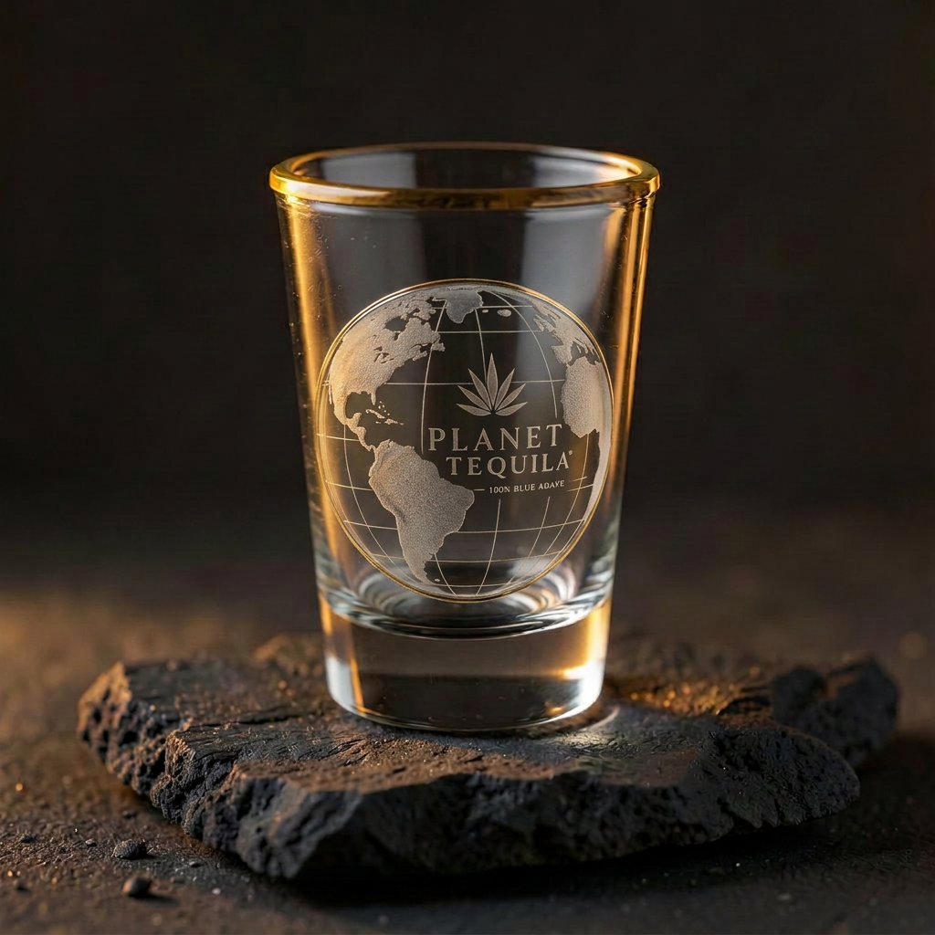 Planet Tequila caballito shot glass on volcanic stone
