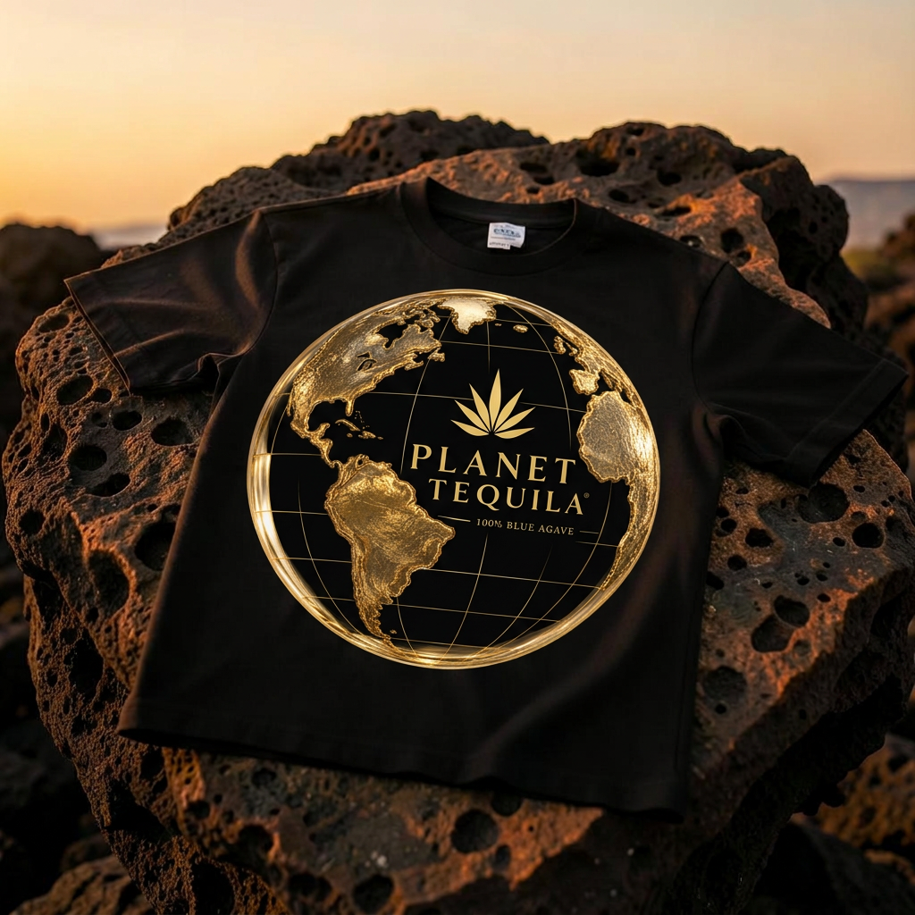 Black Planet Tequila globe logo t-shirt on volcanic stone