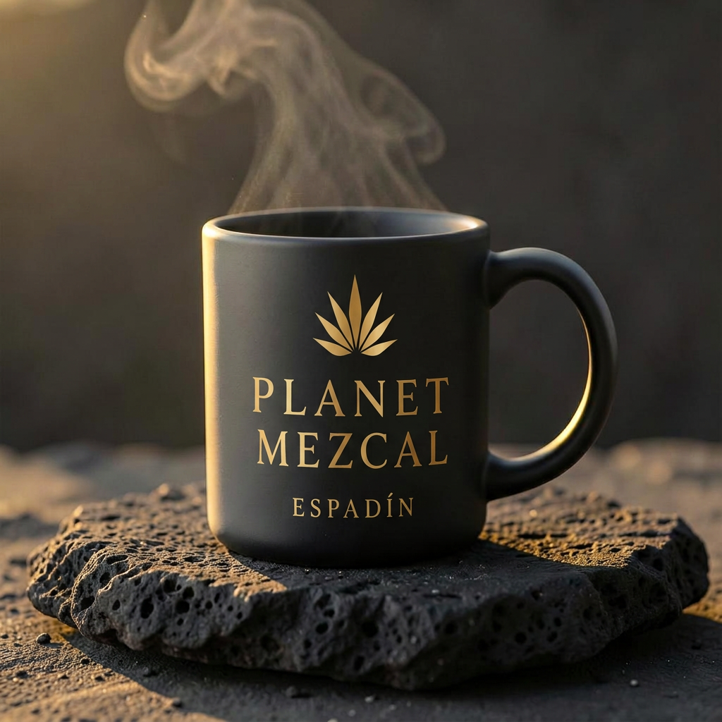 Matte black Planet Mezcal stoneware mug on volcanic stone