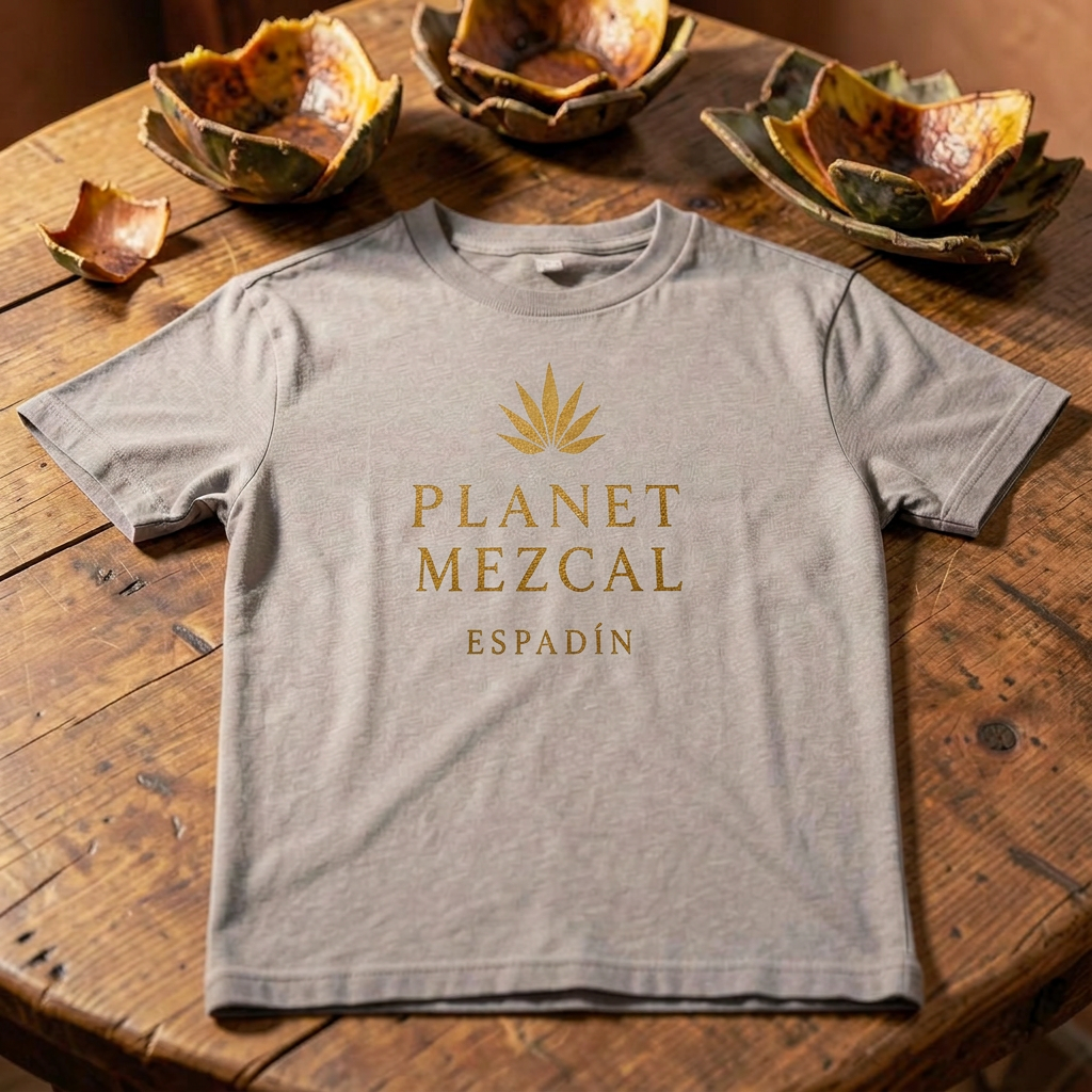 Grey Planet Mezcal Espadín t-shirt on a hacienda table with roasted agave