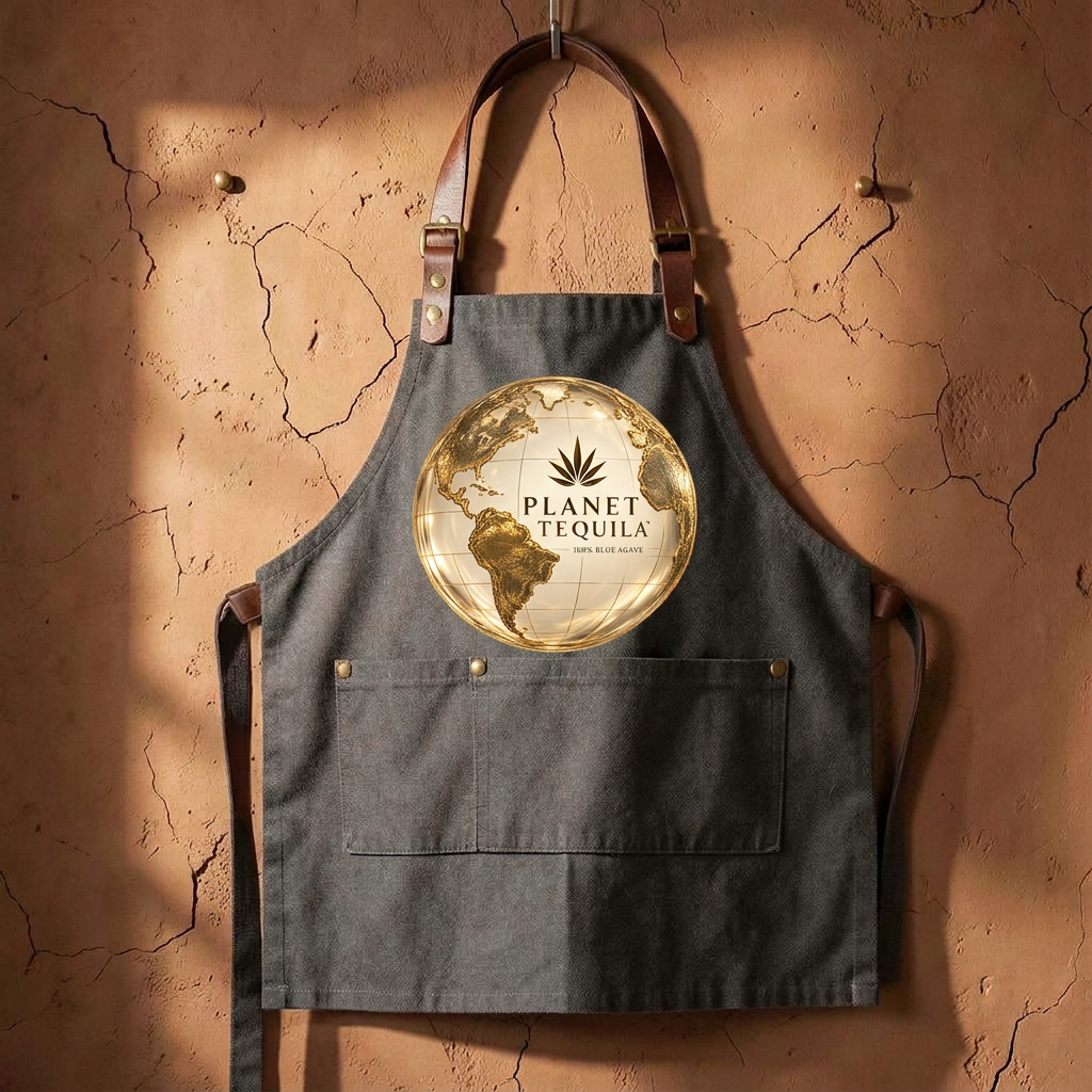 Charcoal Planet Tequila canvas apron with gold globe emblem