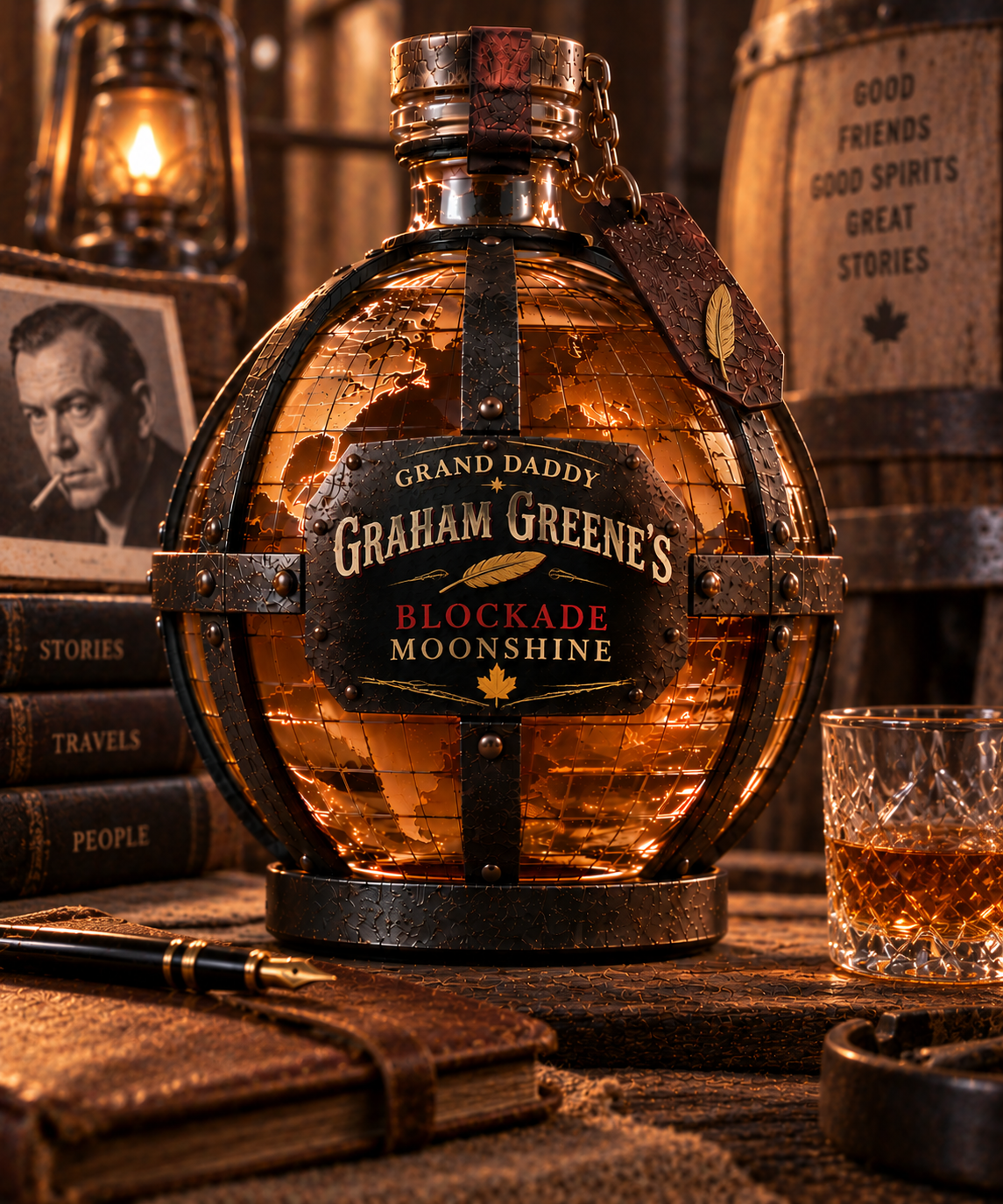 Grand Daddy Graham Greene's Blockade Moonshine globe bottle beside a crystal glass