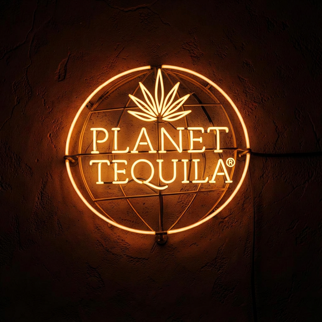 Planet Tequila amber neon globe sign glowing on a dark adobe wall