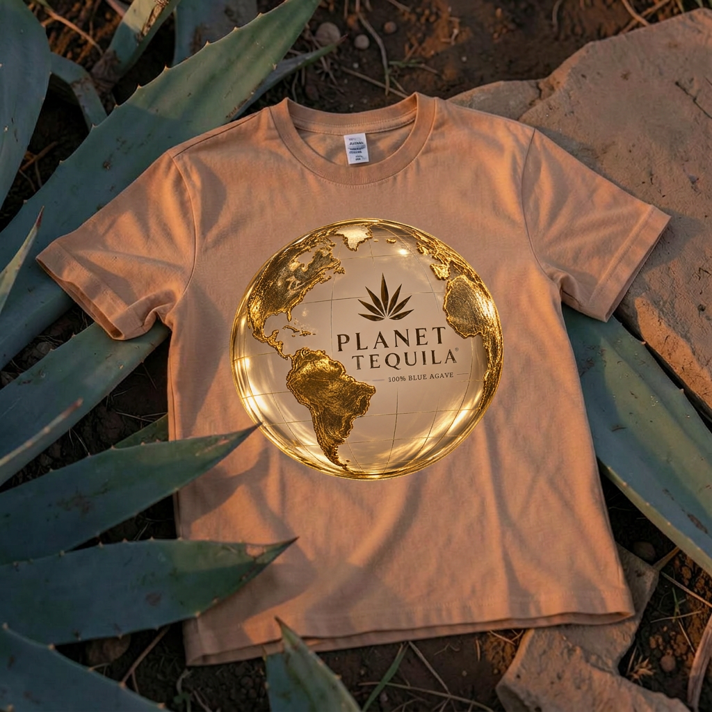 Sand-coloured Planet Tequila globe logo t-shirt beside agave leaves