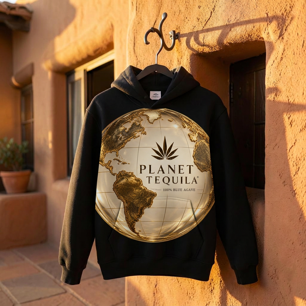 Black Planet Tequila hoodie hanging in a warm hacienda