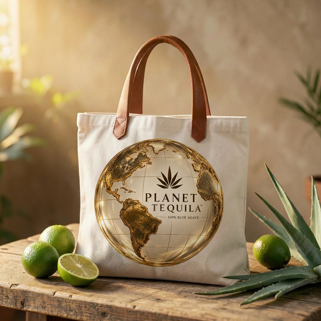 Natural canvas Planet Tequila tote bag with limes and agave leaves