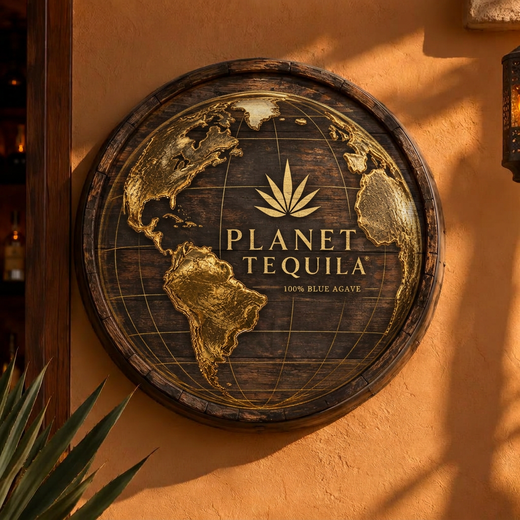 Planet Tequila barrel-head wooden wall sign on an adobe wall
