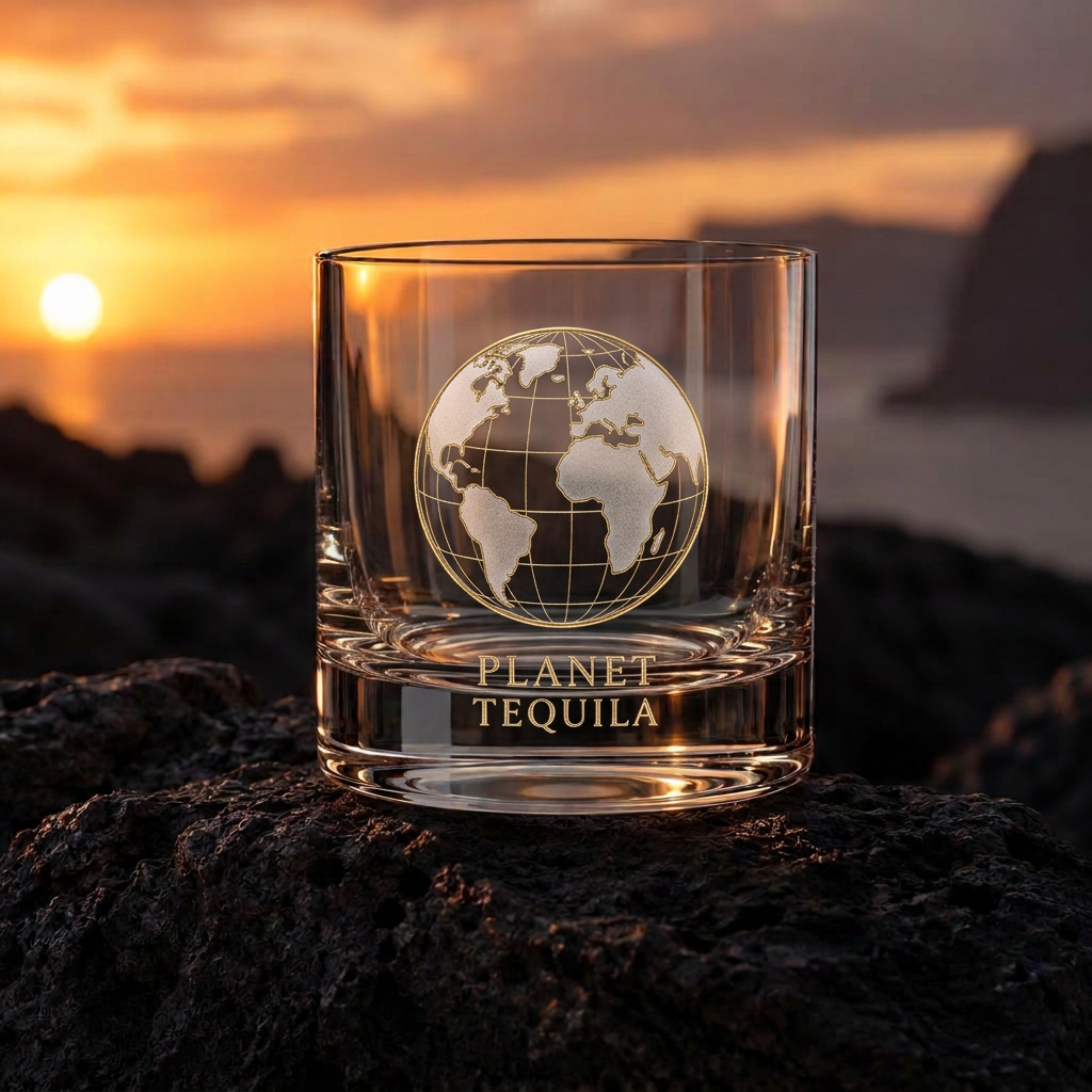 Planet Tequila crystal rocks tumbler on volcanic stone at dusk