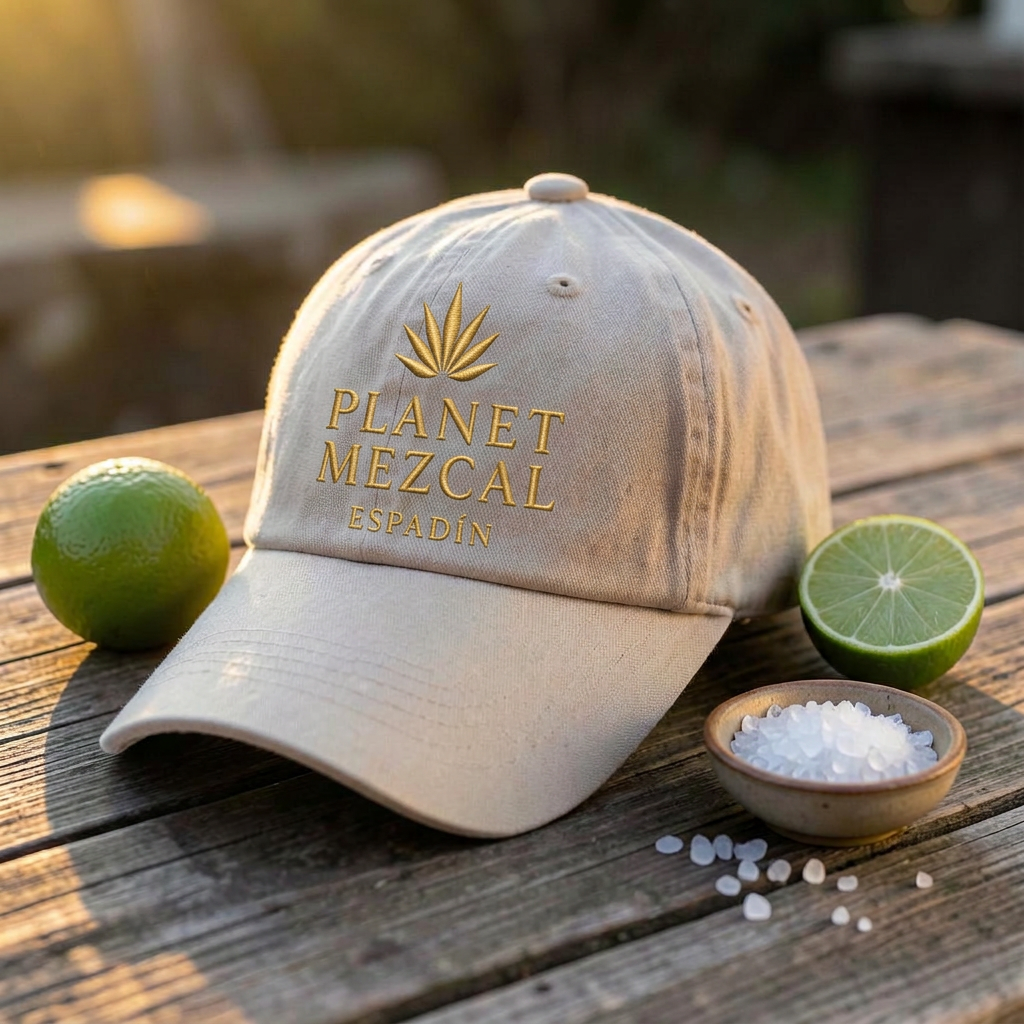 Sand Planet Mezcal embroidered cap beside limes and salt