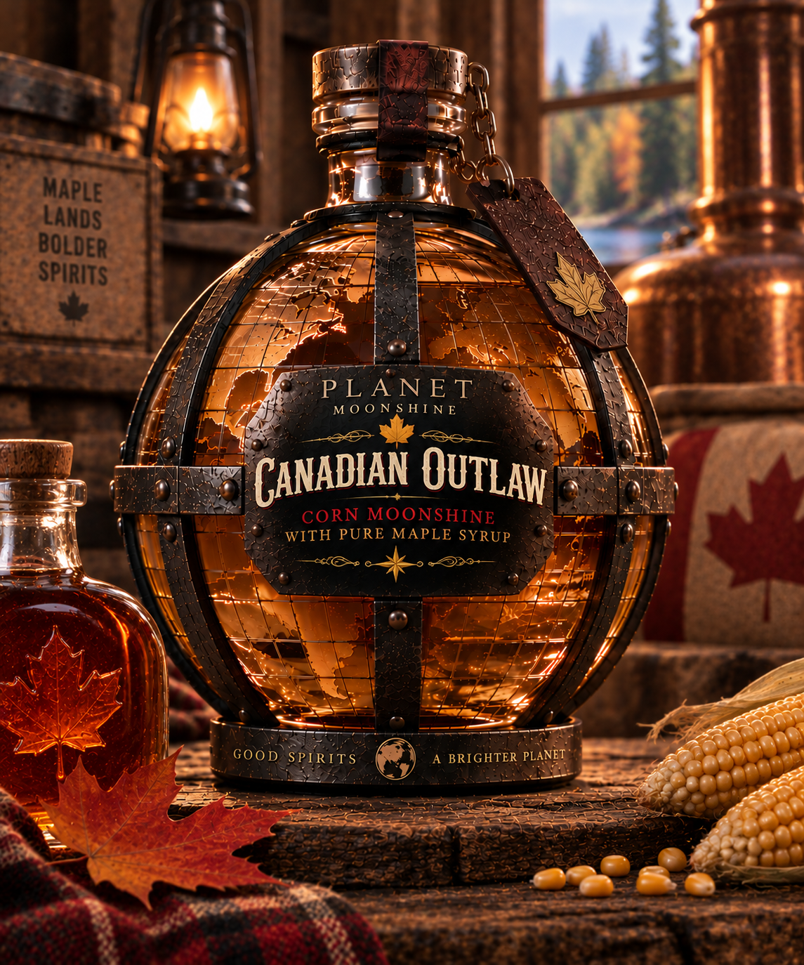 Canadian Outlaw corn moonshine globe bottle with maple syrup and autumn leaves