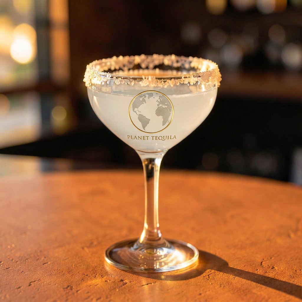 Planet Tequila margarita coupe on a terracotta bar top