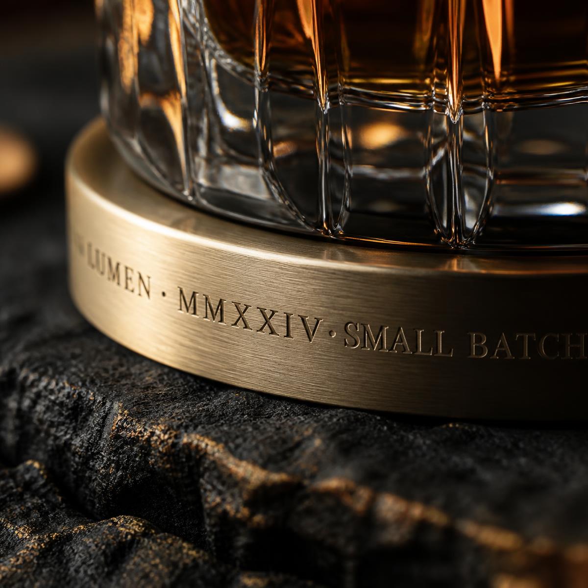 Engraved brushed brass base of the Planet Tequila decanter