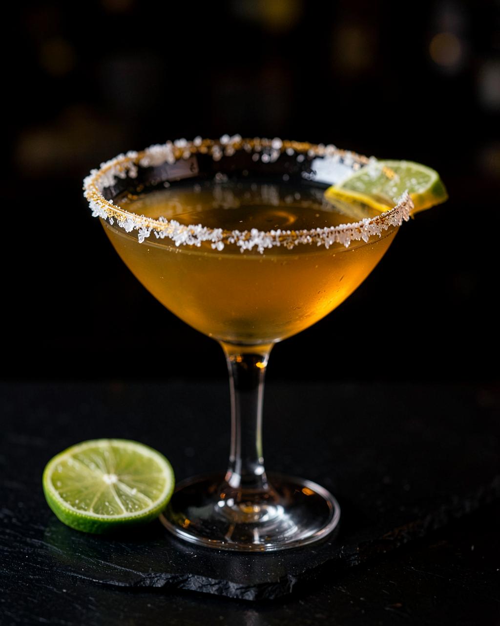 Orbit Margarita in a salt-rimmed glass with a lime wheel