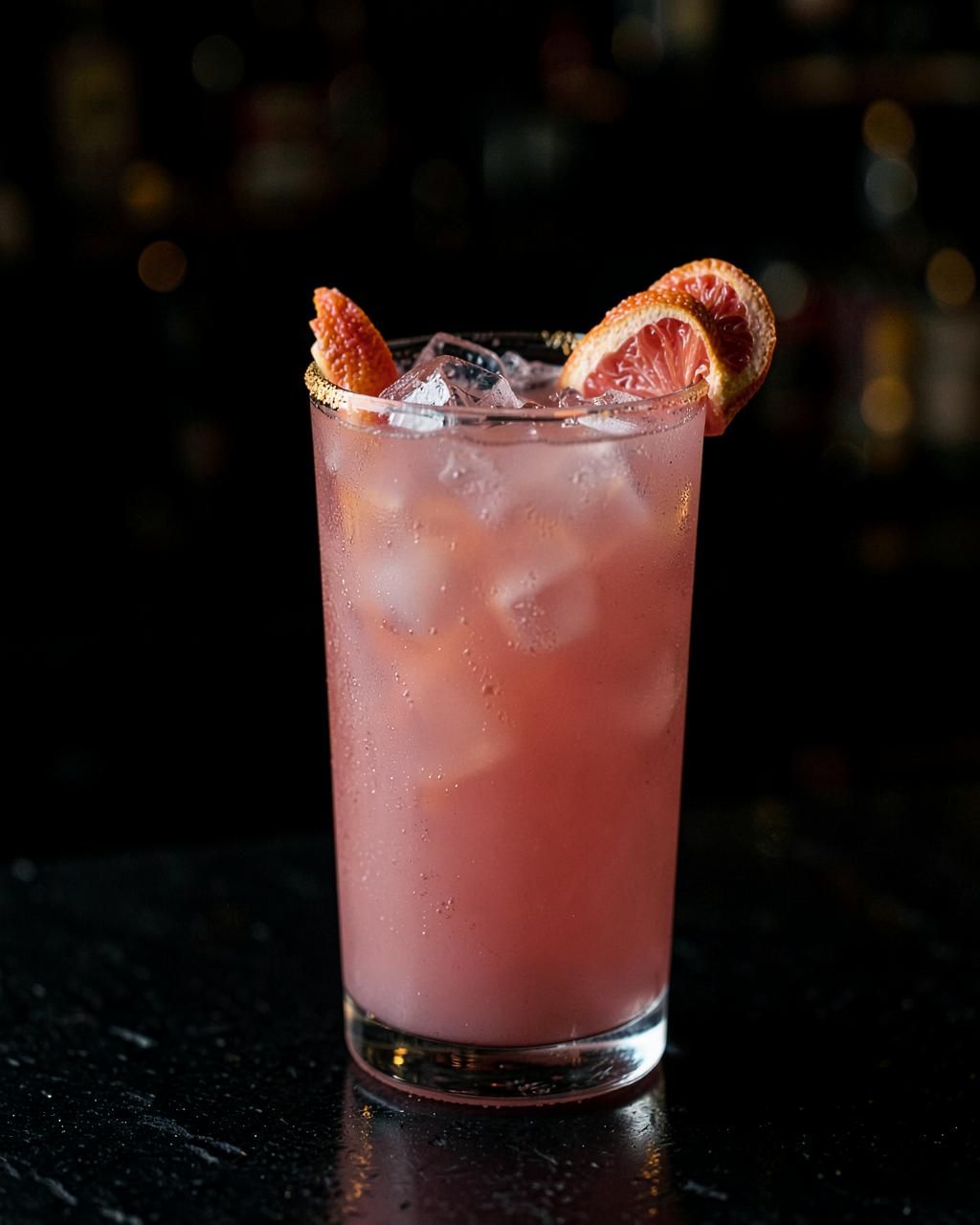 Golden Hour Paloma in a tall glass with grapefruit peel