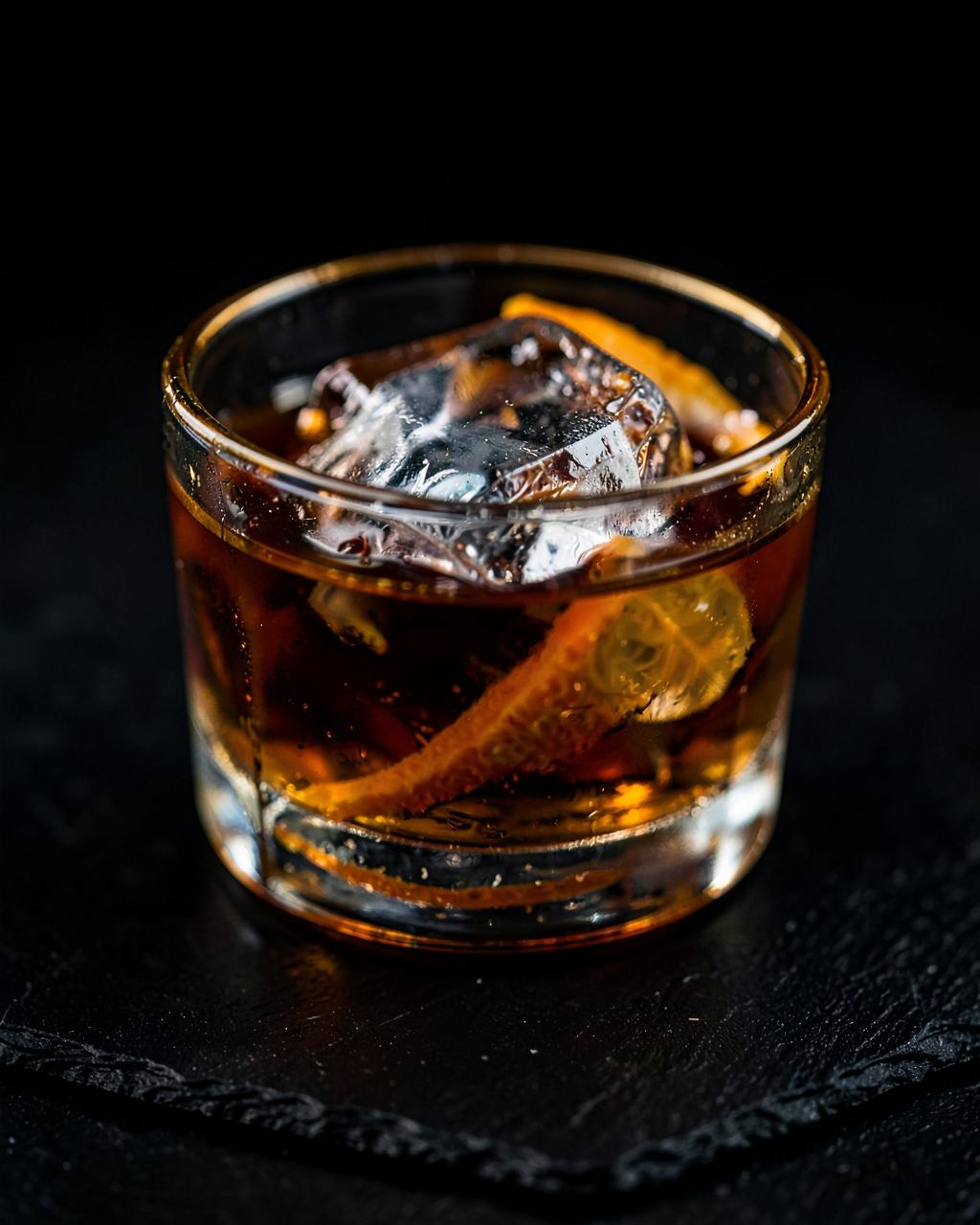 Old fashioned in a rocks glass over one large clear ice cube