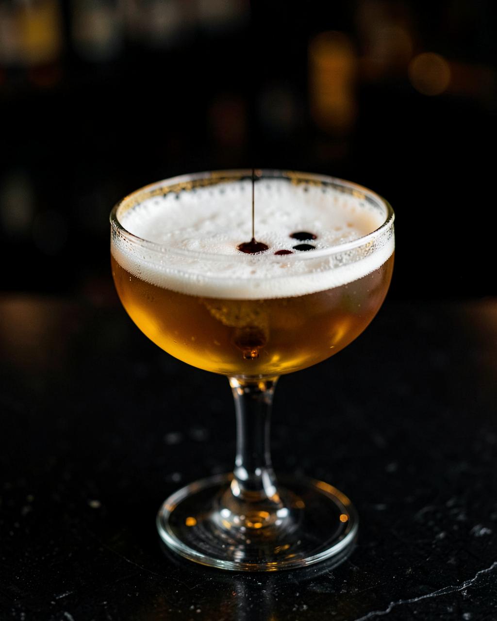 Sour in a coupe with silky foam and three drops of bitters