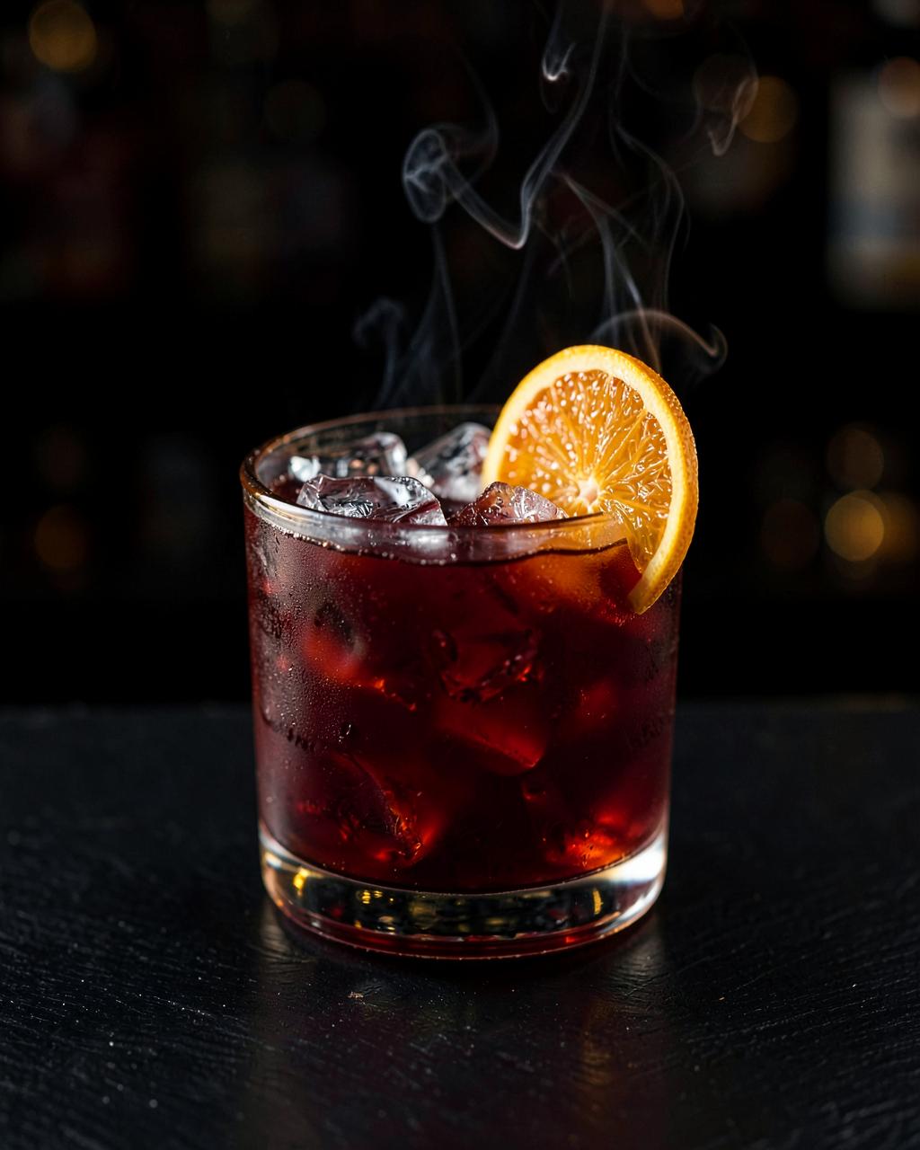 Deep red negroni over ice with an orange wheel and a wisp of smoke